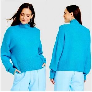 A New Day Aqua Blue Mock Turtleneck Pullover Sweater withh Ribbed Detail